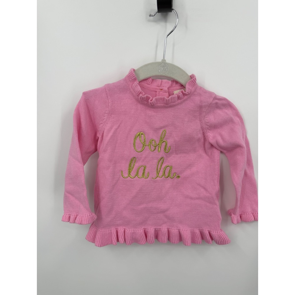 Kate Spade Ooh La La Sweater Toddler 12M Pink Ruffle Trim Gold Embroidered Knit